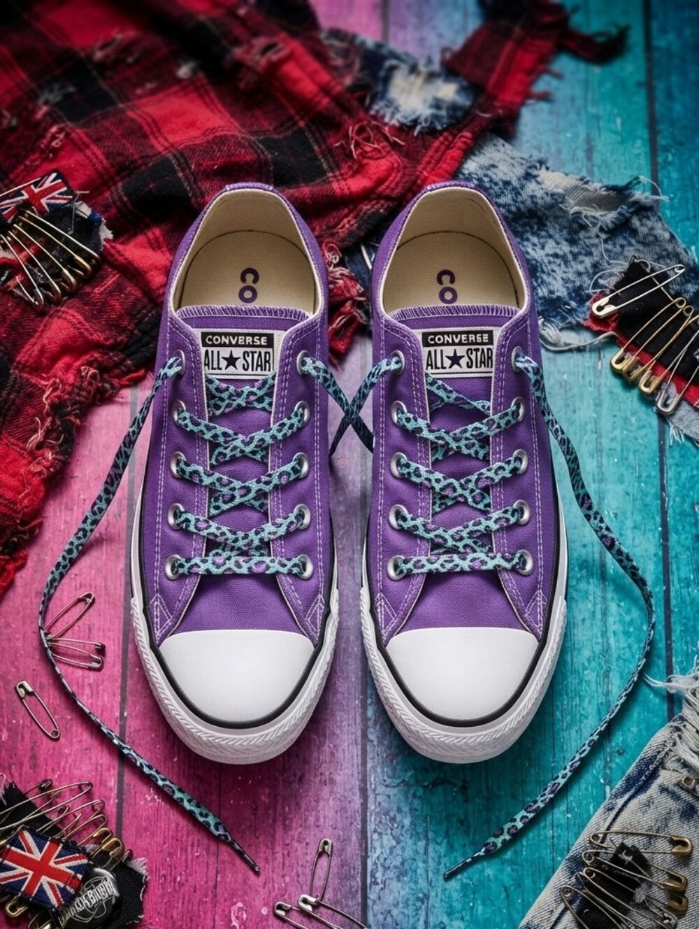 Converse All Star Purple Low Tops • Leopard Laces • Mall Goth Grunge Punk